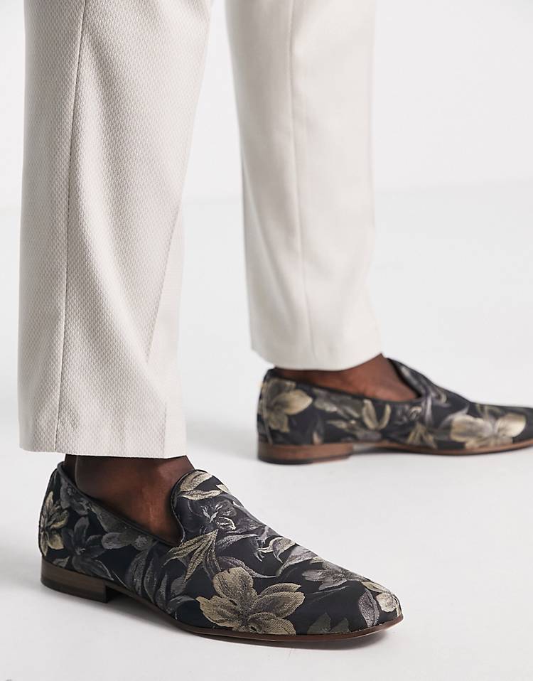 Noak made in Portugal loafers in navy floral jacquard print